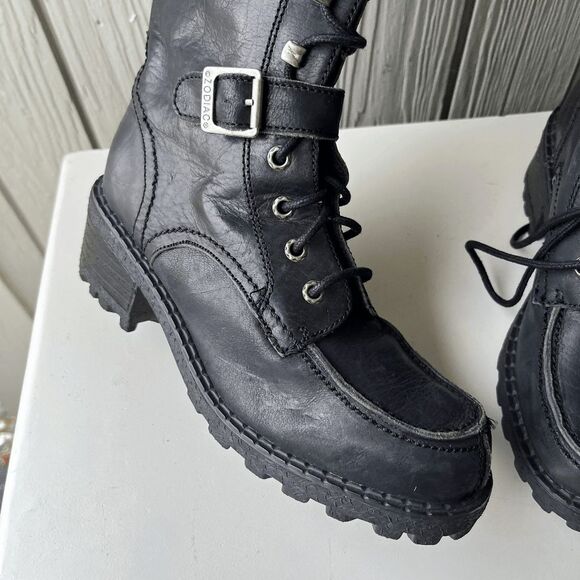 VTG Zodiac Black Leather Combat Boots SZ 7 Platform Lug Sole Y2K Gothcore - Picture 7 of 10